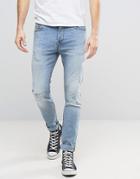 Only & Sons Slim Fit Stretch Jeans With Abrasion In Light Blue Wash -