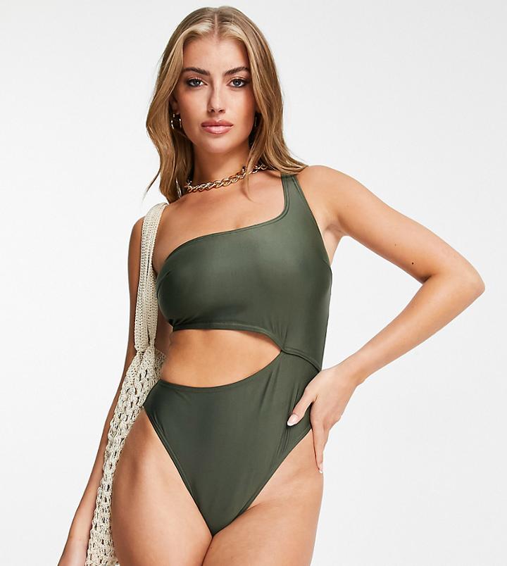 Wolf & Whistle Fuller Bust Exclusive Cut Out One Shoulder Swimsuit In Olive-green