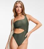 Wolf & Whistle Fuller Bust Exclusive Cut Out One Shoulder Swimsuit In Olive-green