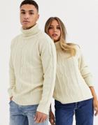Another Influence Unisex Roll Neck Cable Sweater In Oatmeal-cream