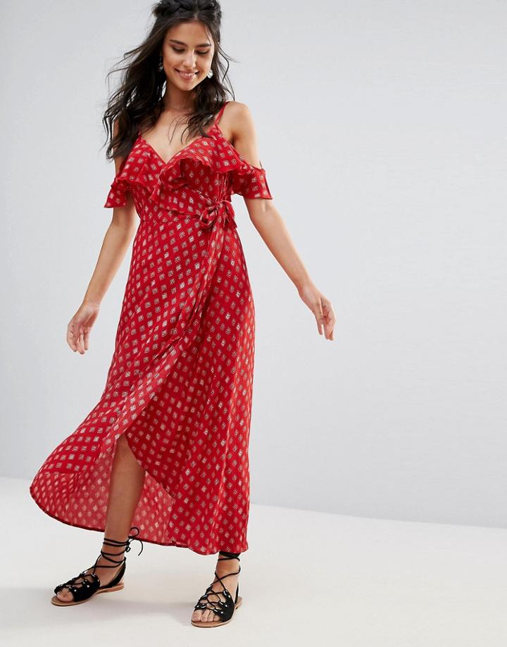 Band Of Gypsies Polka Dot Cold Shoulder Festival Wrap Dress - Red