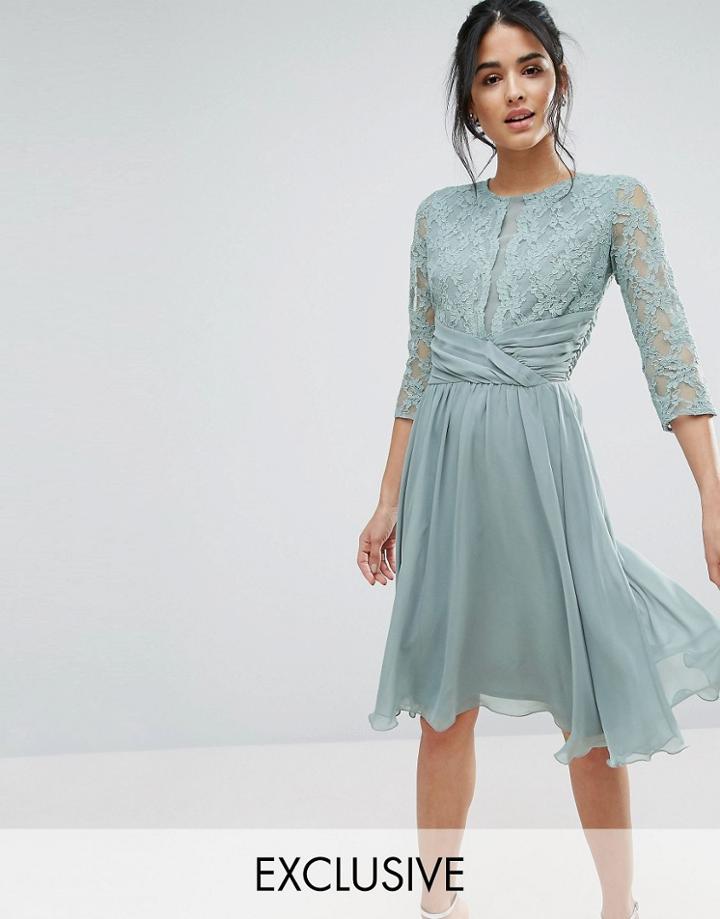 Elise Ryan Ruched Waist Lace Midi Dress - Green