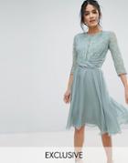 Elise Ryan Ruched Waist Lace Midi Dress - Green