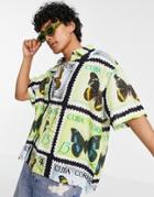 Asos Design Boxy Oversized Shirt Butterfly Postcard Print Shirt-black