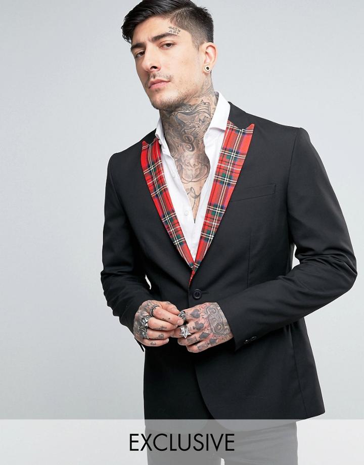 Religion Skinny Blazer With Plaid Lapel - Black