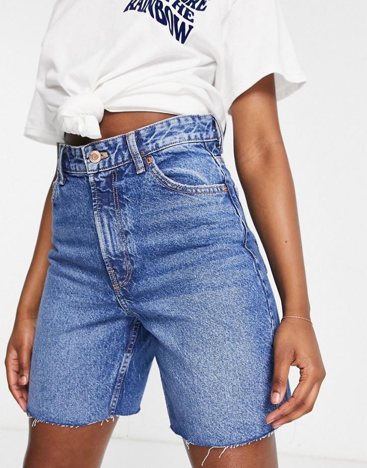 Bershka Longline Denim Shorts In Mid Blue