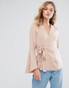 Neon Rose Fluted Sleeve Wrap Blouse - Brown