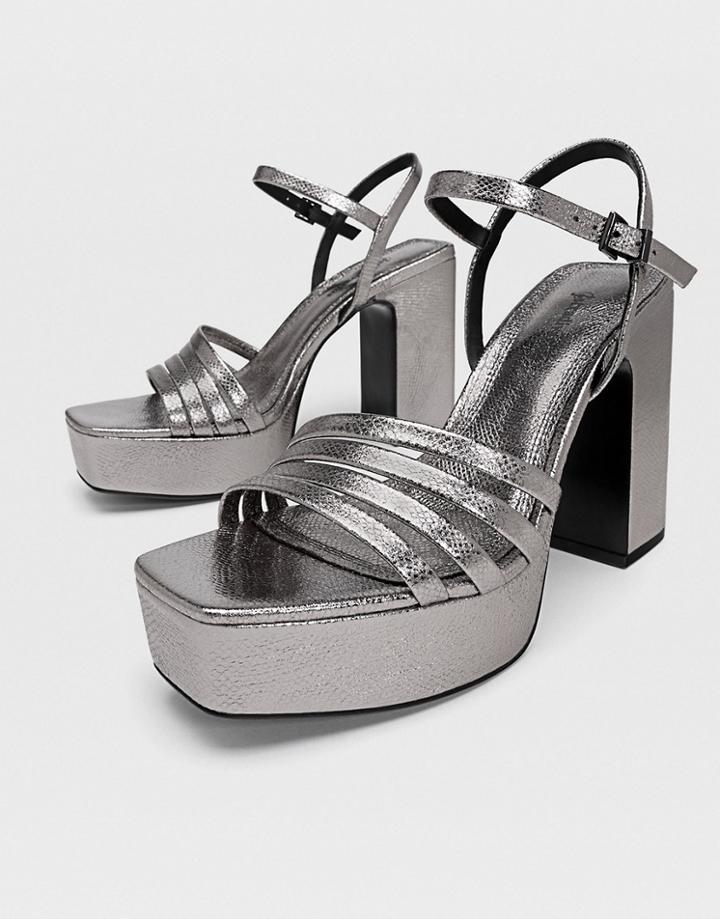 Stradivarius Platform Glitter Heeled Sandals In Metallic-silver