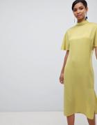 Asos Design High Neck Matte Satin Midi Dress - Green