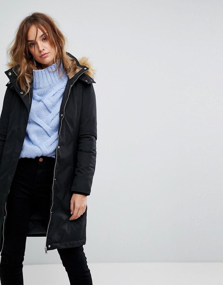 Warehouse Faux Fur Hooded Parka - Black