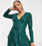 In The Style Exclusive Sequin Plunge Front Tiered Detail Mini Dress In Emerald Green