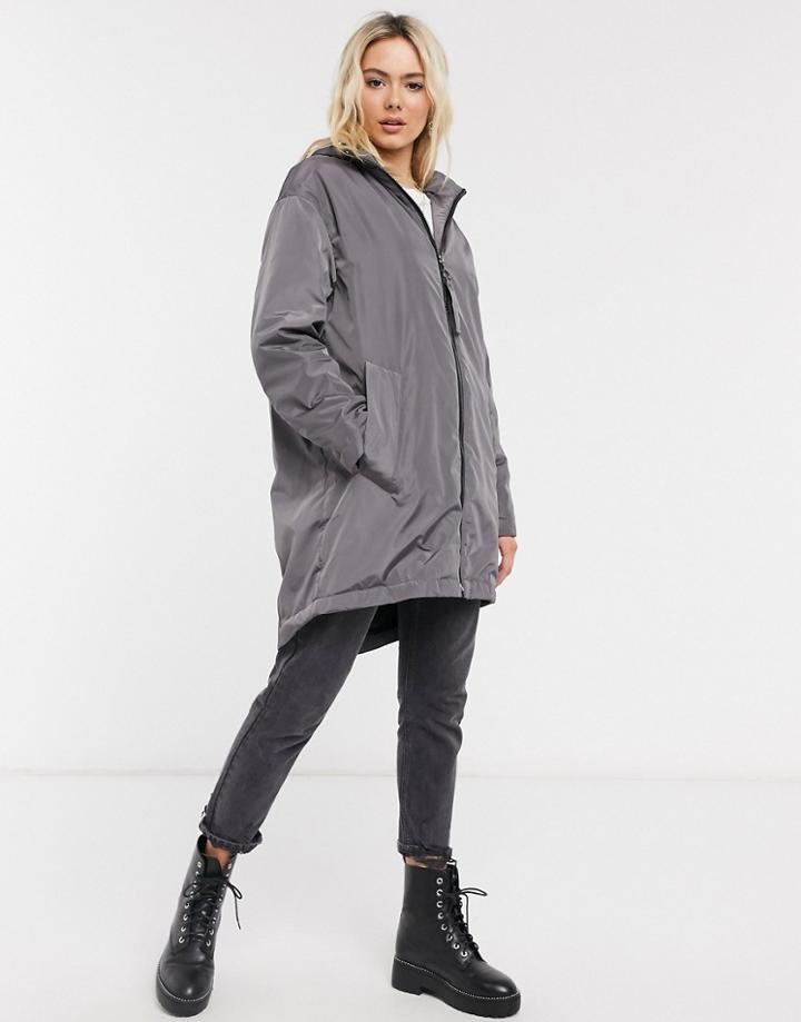 Asos Design Faux Fur Lined Raincoat In Gray-grey