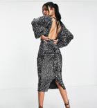 Asos Design Tall Sequin Balloon Sleeve Plunge Midi Dress In Silver Black