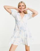 Asos Design Tiered Mini Sundress With Lace Inserts And Lace Up Back In Tie Dye Print-multi