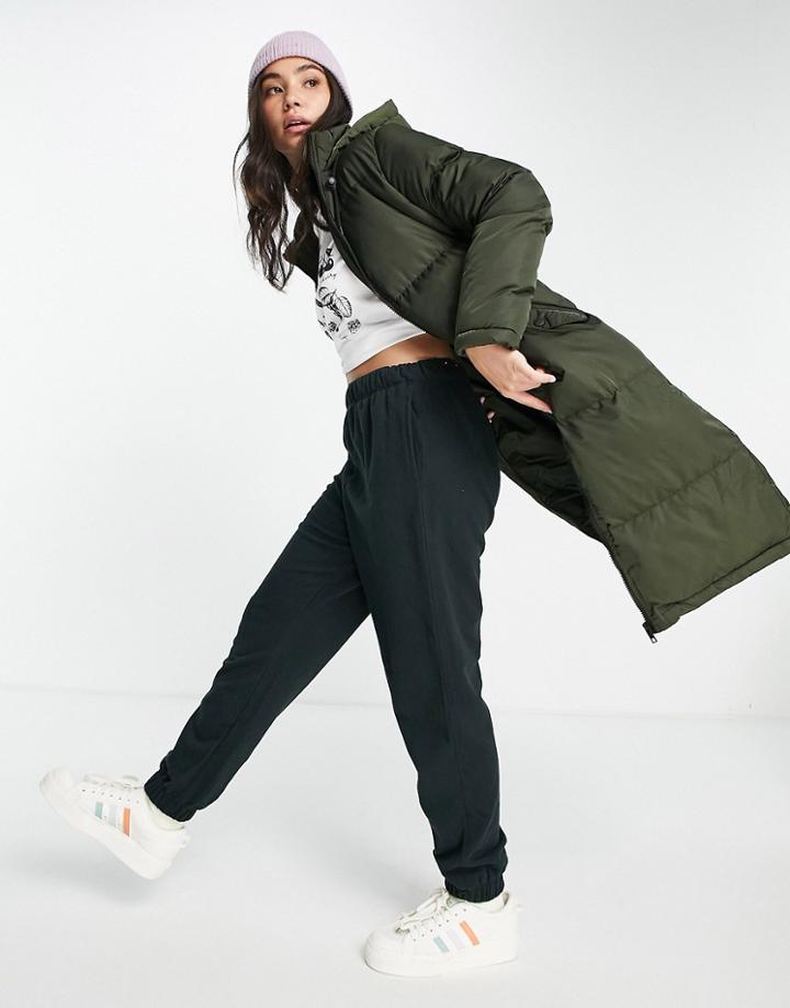 Brave Soul Cello Maxi Longline Puffer Coat In Khaki-green