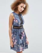 Little Mistress Floral Print Skater Dress With Lace Insert - Gray