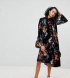 Reclaimed Vintage Inspired Velvet Midi Smock Dress In Floral Print - Multi
