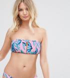 Asos Design Fuller Bust Exclusive Malibu Palm Print V Bandeau Bikini Top Dd-g - Multi