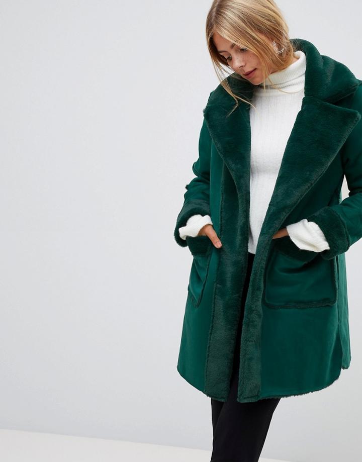 Qed London Reversible Faux Shearling Coat - Green