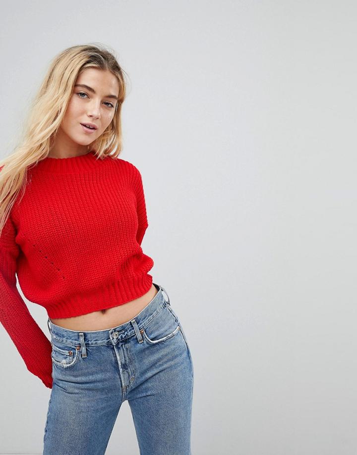Daisy Street High Neck Crop Sweater With Cable Knit - Red