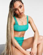 Missguided Crinkle Bikini Top With Square Neck In Green