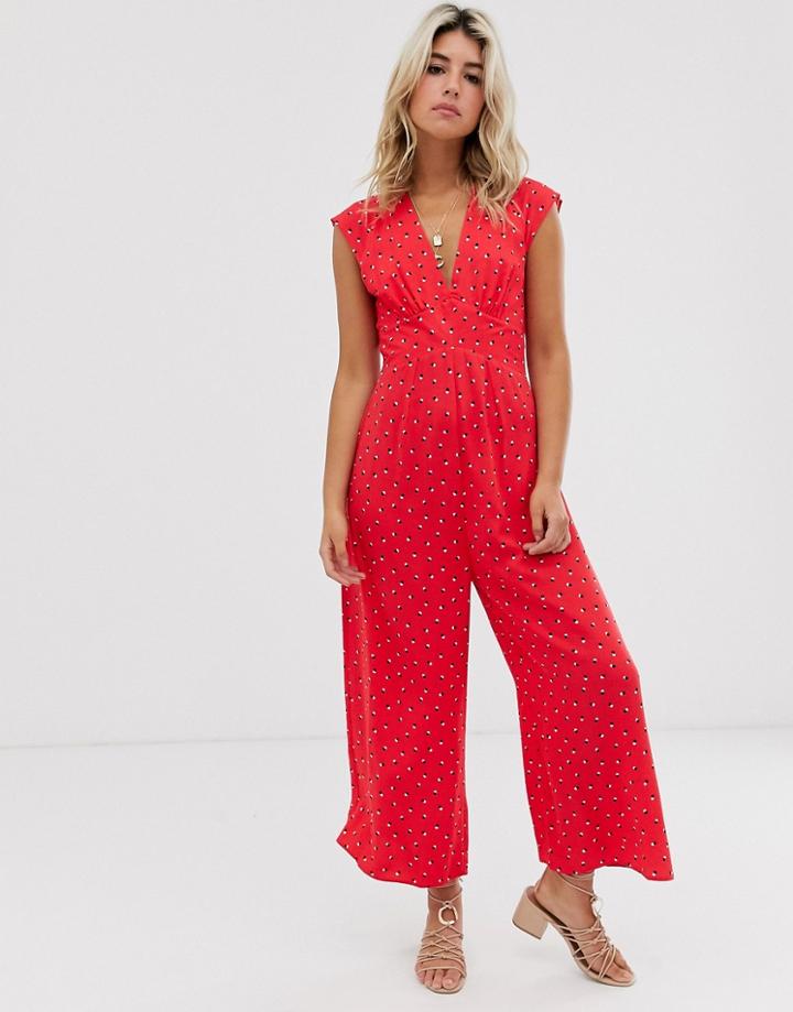 Asos Design V Neck Tea Jumpsuit In Red Polka Dot With Open Back-multi