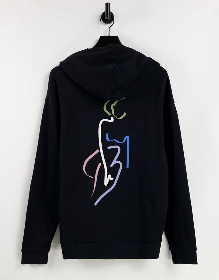 Asos Design Oversized Hoodie In Black With Line Drawing Back Print - Black - Black