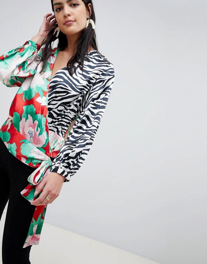 Asos Design Wrap Top In Mix Print - Multi
