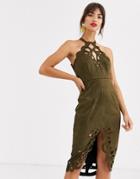 Asos Design Suedette Midi Dress With Cutwork Detail-green