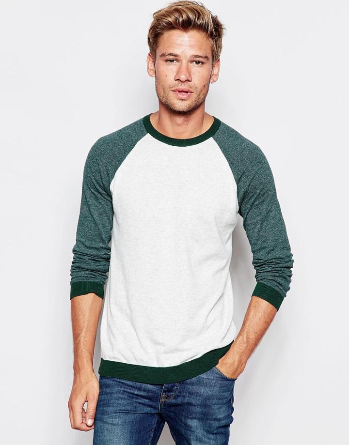 Asos Contrast Sleeve Sweater In Cotton - Green Twist