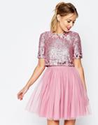 Asos Salon Crystal Crop Top Tutu Netted Mini Skater Dress - Pink