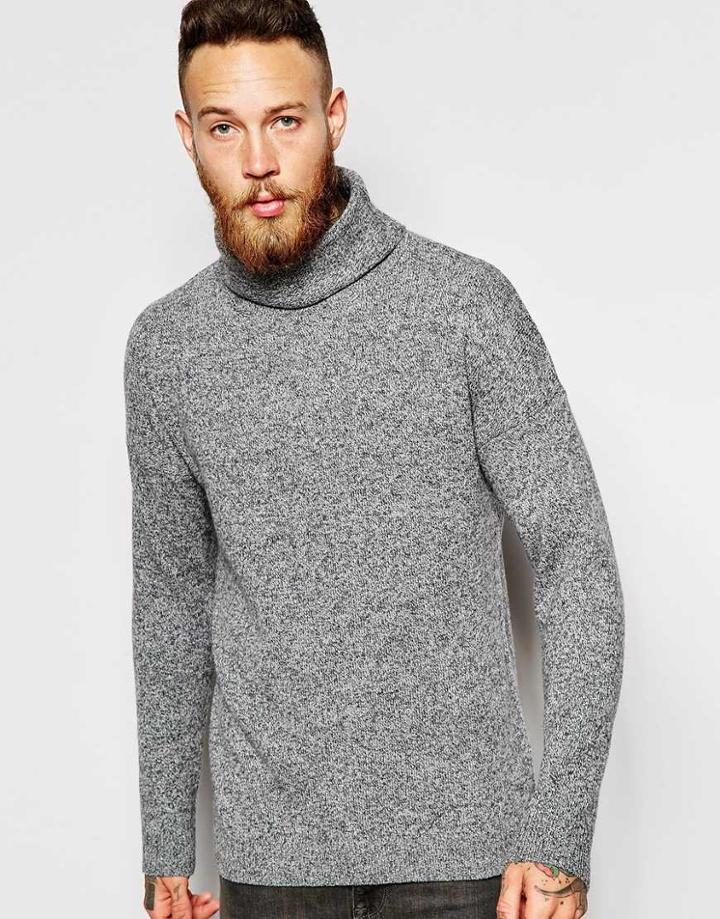 Asos Lambswool Rich High Roll Neck Jumper - Gray