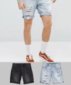 Asos Design 2 Pack Denim Shorts In Slim Washed Black & Light Wash With Heavy Rips 2 Pack Save - Multi