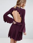 Asos Slinky Ruffle Open Back Skater Mini Dress-purple