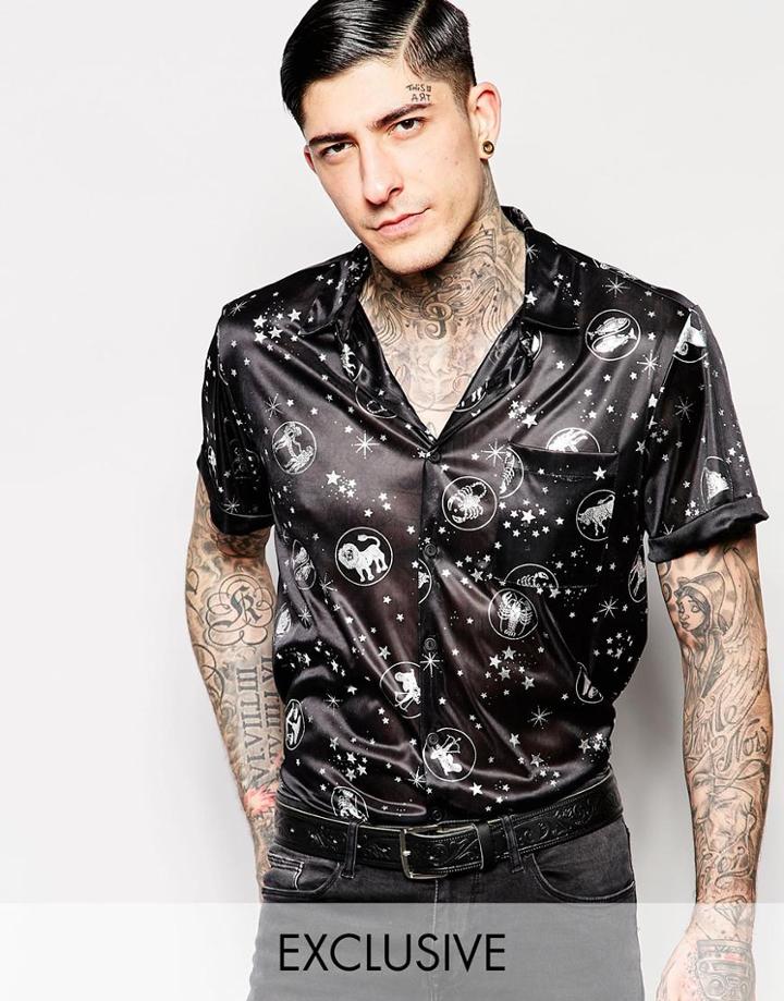 Reclaimed Vintage Party Shirt In Zodiac Print In Regular Fit - Black