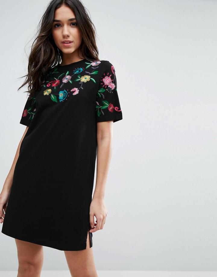 Asos T-shirt Dress With Embroidered Yoke - Black