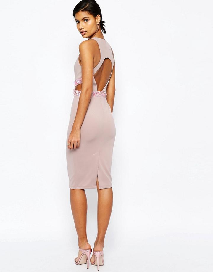 Asos Embellished Waist Open Back Scuba Midi Bodycon Dress - Mink