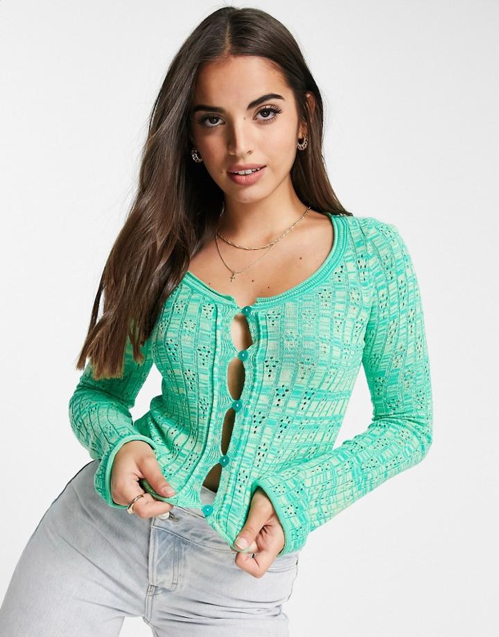 Asos Design Pointelle Cardigan In Space Dye In Green