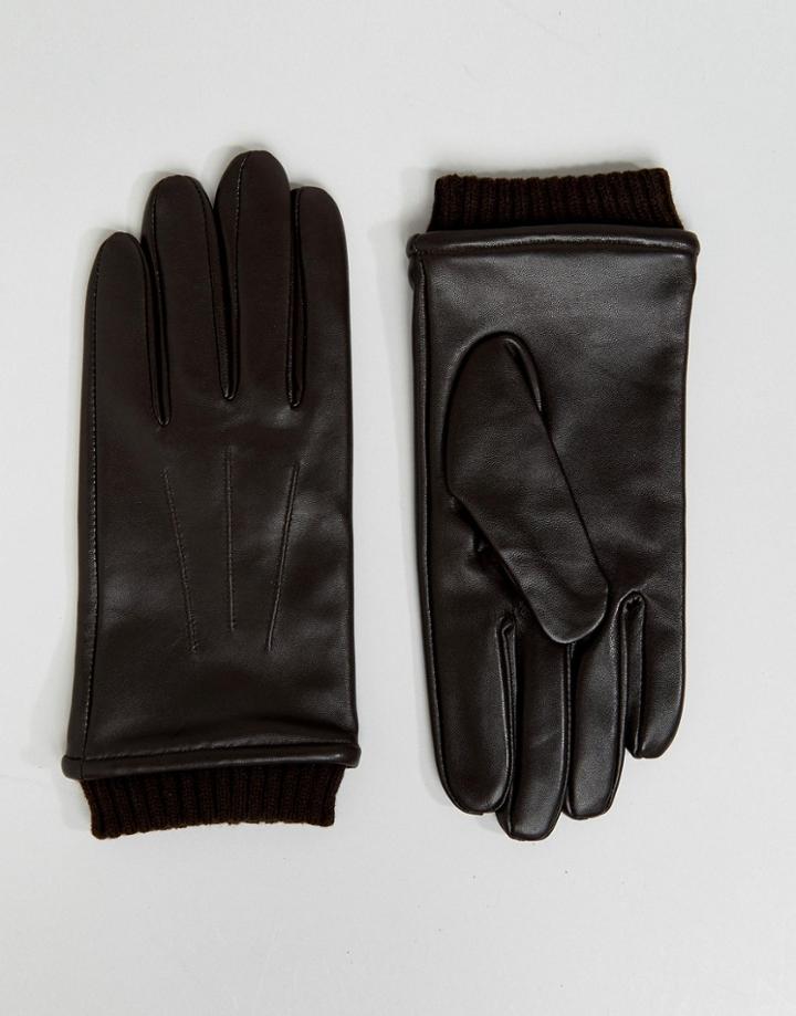 Barneys Leather Gloves With Cuff Detail Brown - Brown