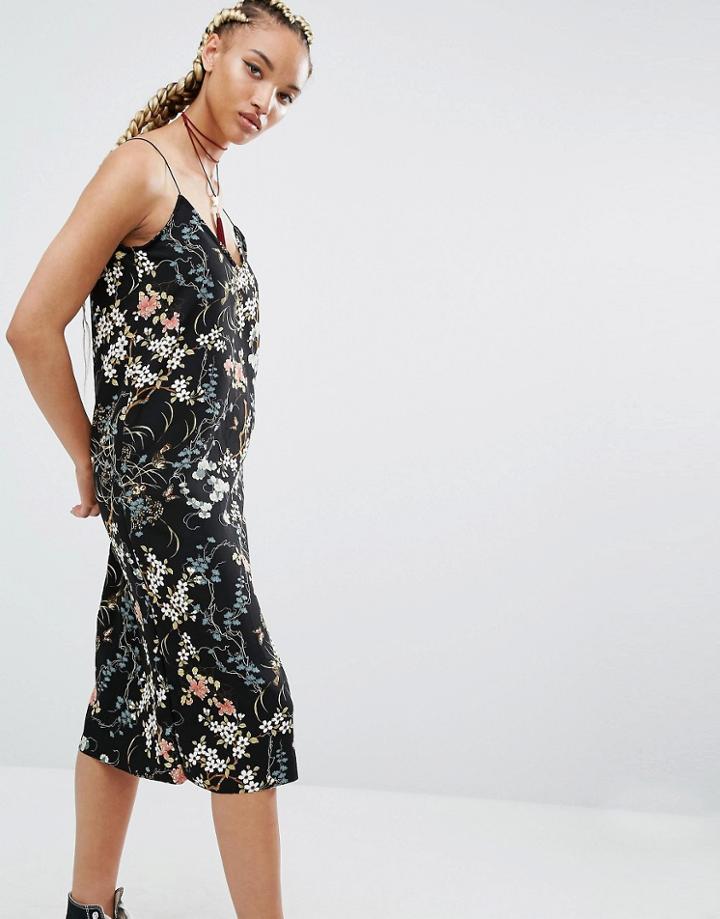Pull & Bear Floral Print Midi Cami Dress - Black