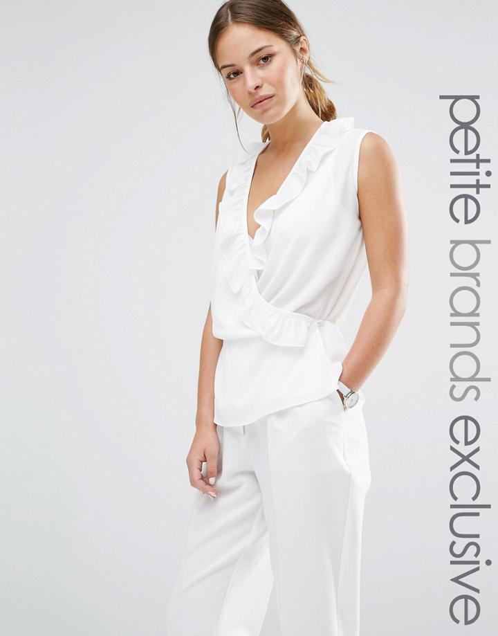 Alter Petite Wrap Front Sleeveless Blouse With Ruffle Detail - Cream