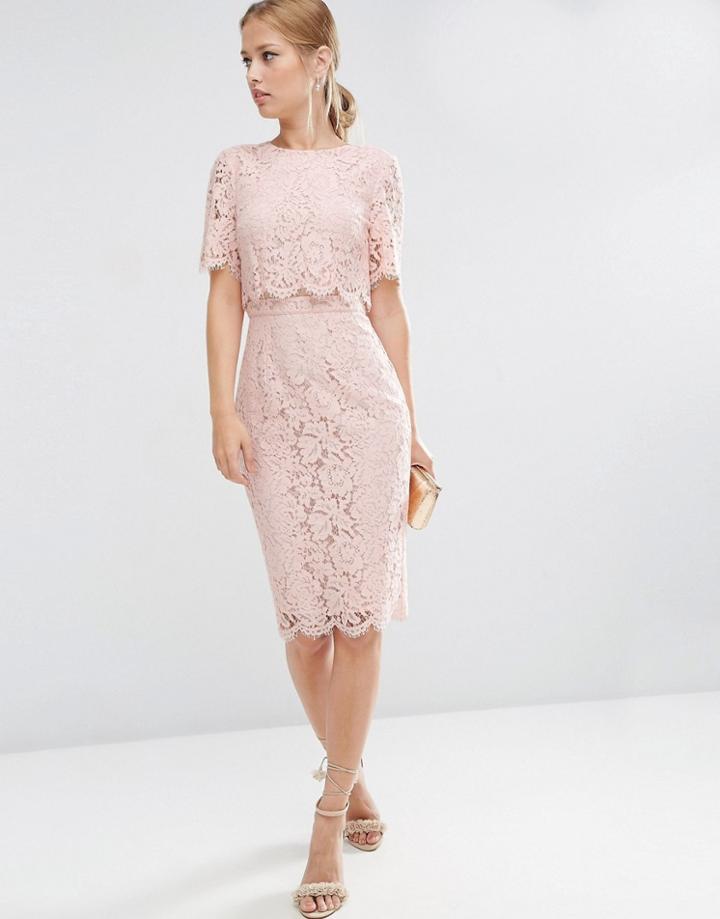 Asos Lace Crop Top Midi Pencil Dress - Pink