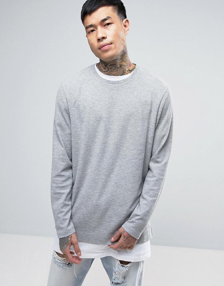 Asos Long Sleeve Longline T-shirt In Gray Waffle Fabric With Extreme Side Splits - Gray