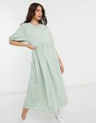 Asos Design Gathered Neck Midi Smock Dress In Green