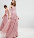 Maya Cold Shoulder Sequin Detail Tulle Maxi Dress With Ruffle Detail - Pink