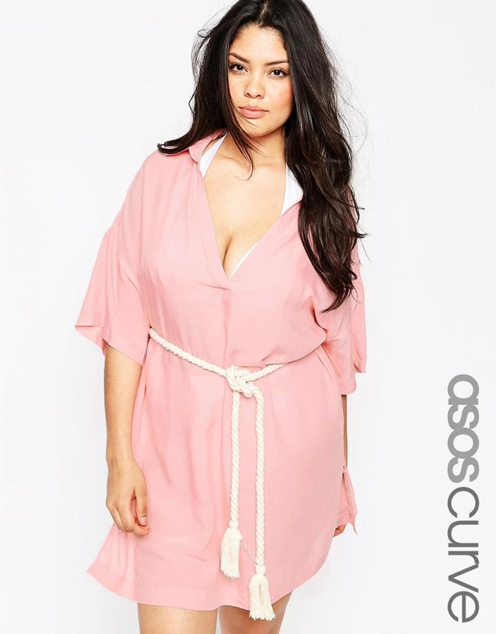 Asos Curve Beach Shirt Dress With Rope Belt - Blush