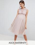 Asos Maternity Lace Tulle Cap Sleeve Midi Dress - Pink