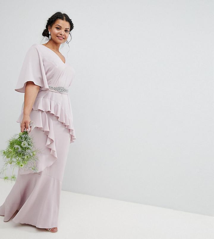 Asos Design Curve Wedding Ruffle Flutter Sleeve Maxi Dress With Embellished Belt - Pink