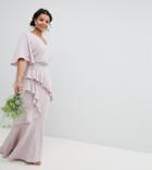 Asos Design Curve Wedding Ruffle Flutter Sleeve Maxi Dress With Embellished Belt - Pink