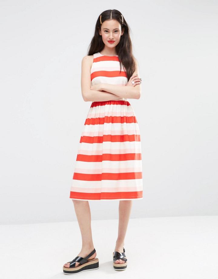 Asos Midi Dress In Stripe - Red Print